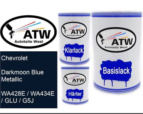 Chevrolet, Darkmoon Blue Metallic, WA428E / WA434E / GLU / G5J: 500ml Lackdose + 500ml Klarlack + 250ml Härter - Set, von ATW Autoteile West.